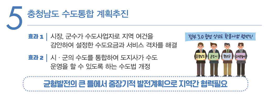 5 충청남도 수도통합 계획추진 : 효과 1 시장, 군수가 수도사업자로 지역 여건을 감안하여 설정한 수도요금과 서비스 격차를 해결,효과 2 시·군의 수도를 통합하여 도지사가 수도 운영을 할 수 있도록 하는 수도법 개정,균형발전의 큰 틀에서 중장기적 발전계획으로 지역 간 협력필요